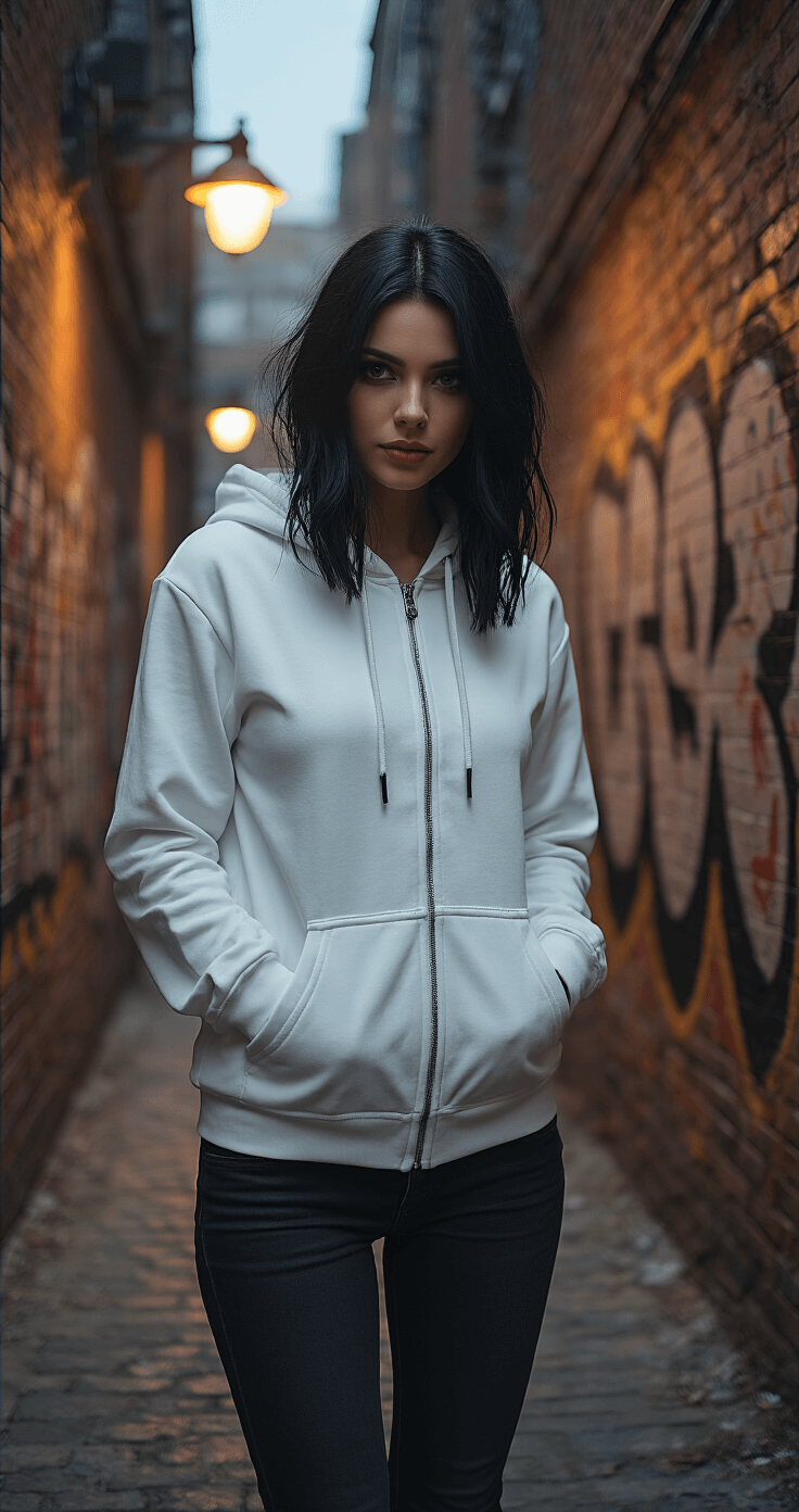 10 Essential Tips for a Perfect Jeff the Killer Cosplay A full-body shot of a cosplayer in a white zip-up hoodie and black skinny jeans stands in a moody urban alleyway at dusk, with graffiti-covered brick walls. Natural wind lifts their black shoulder-length wig, while dramatic shadows from overhead street lamps enhance the eerie atmosphere, captured from a low angle with a shallow depth of field.