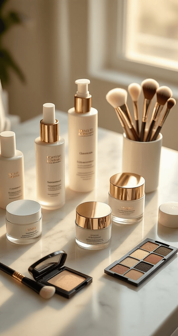 Master Male Cosplay Makeup: A Complete for All Skill Levels Aerial view of a professional makeup workspace during golden hour, showcasing a white marble counter with high-end skincare products, including cleansers, moisturizers, and primers in elegant packaging, surrounded by stylishly arranged makeup brushes.