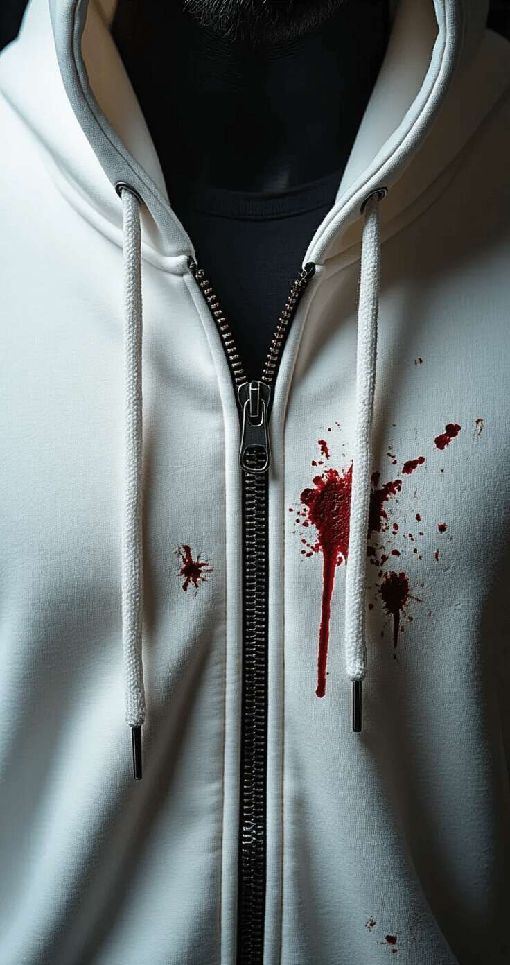 10 Essential Tips for a Perfect Jeff the Killer Cosplay Mid-shot of a professional photography setup featuring a seamless black backdrop, highlighting a pristine white hoodie with detailed zipper elements, distressed fabric edges, and strategic fake blood splatters. The studio lighting emphasizes the dramatic contrast between the white costume and dark background, showcasing texture details with multiple light sources.