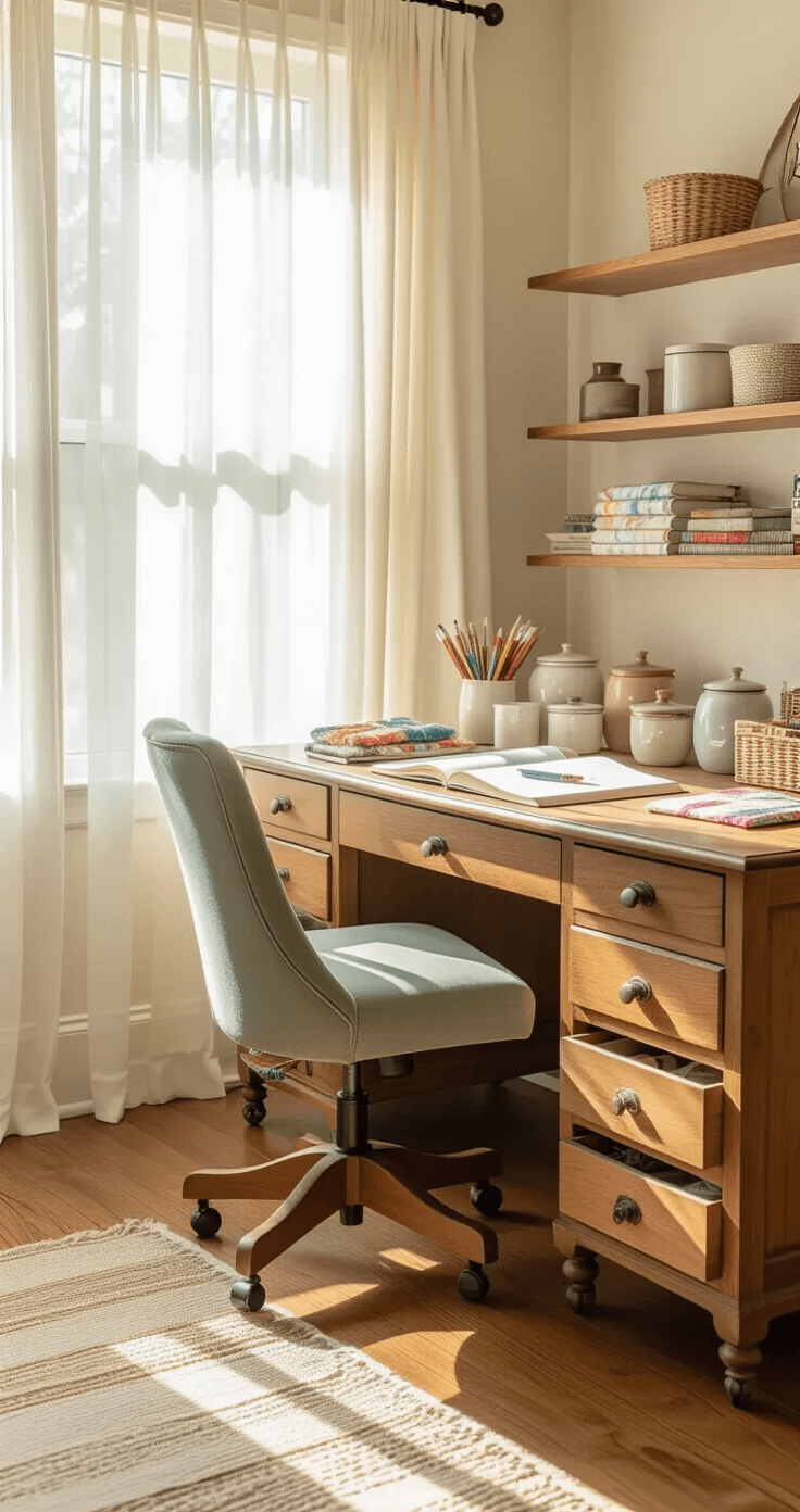 Creating Your Perfect Cozy Crafting Corner: A Designer's Ultimate Guide Wide-angle view of a bright crafting space with a vintage oak desk, sage green ergonomic chair, organized supplies, and soft morning light filtering through sheer white curtains, creating a peaceful and inspiring atmosphere.