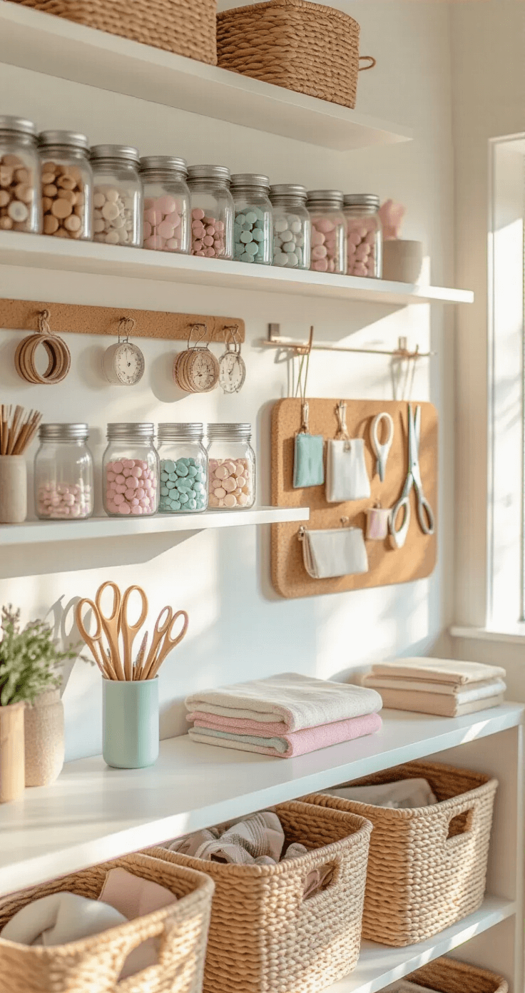 Creating Your Perfect Cozy Crafting Corner: A Designer's Ultimate Guide Close-up of a cozy crafting corner featuring white floating shelves filled with mason jars of pastel buttons and ribbons, a cork pegboard with scissors and fabric pouches, and woven seagrass baskets, all bathed in warm golden hour light.