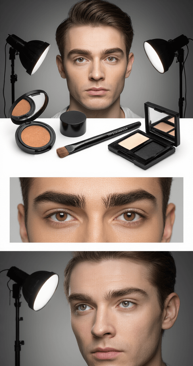 Master Male Cosplay Makeup: A Complete for All Skill Levels A dramatic studio lighting setup displays masculine brow transformation techniques, featuring various brow products and tools, with a before/after comparison highlighting straight, fuller brows and an emphasis on the eye area.