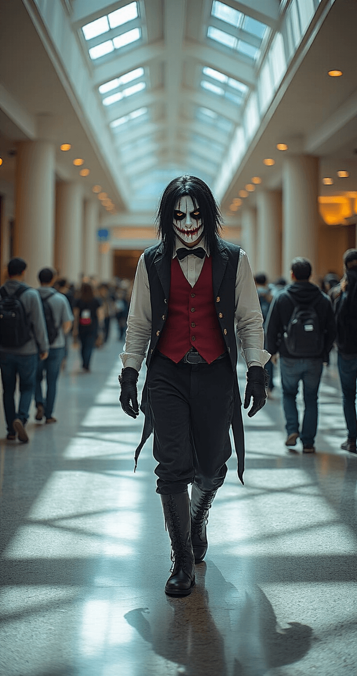 10 Essential Tips for a Perfect Jeff the Killer Cosplay A wide-angle view of a convention center hallway featuring dramatic architectural lighting. A cosplayer dressed as Jeff the Killer interacts with frightened attendees, showcasing intricate costume details. Multiple light sources cast dynamic shadows, enhancing the scene's atmosphere, while the movement in the cosplayer's clothing and wig adds to the action.
