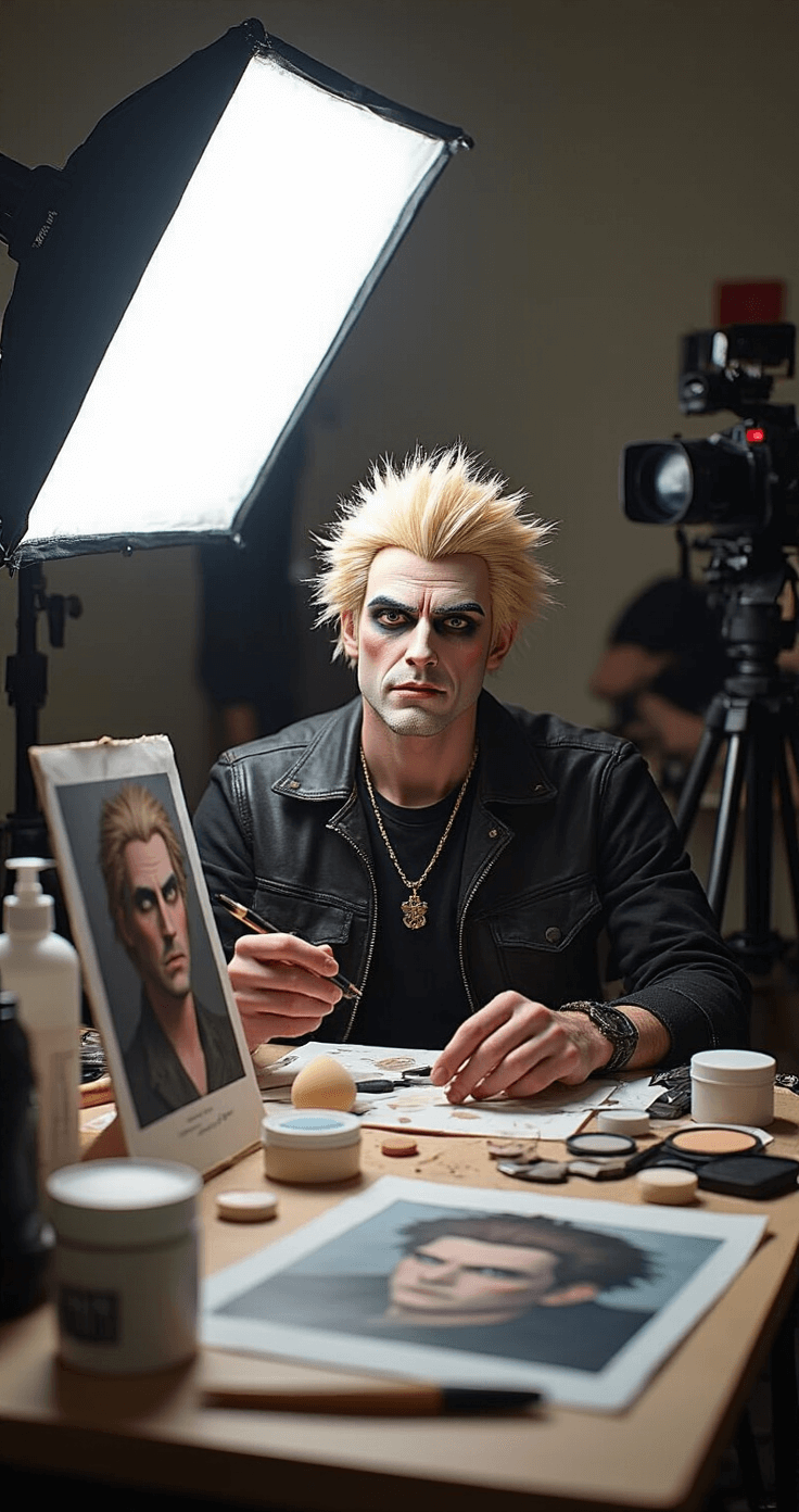 Master Male Cosplay Makeup: A Complete for All Skill Levels Behind-the-scenes view of a cosplay preparation area featuring character reference materials and male makeup techniques, with bright studio lighting highlighting stipple sponges, cream makeup for facial hair, and reference photos, alongside professional camera equipment in the background.