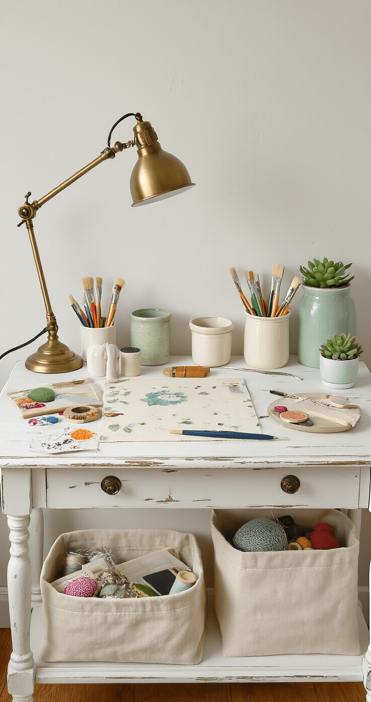 Creating Your Perfect Cozy Crafting Corner: A Designer's Ultimate Guide A beautifully styled crafting desk with a vintage white-painted surface, brass task lamp, and organized ceramic containers holding art supplies, surrounded by colorful craft materials and a small potted succulent, all lit by bright daylight.