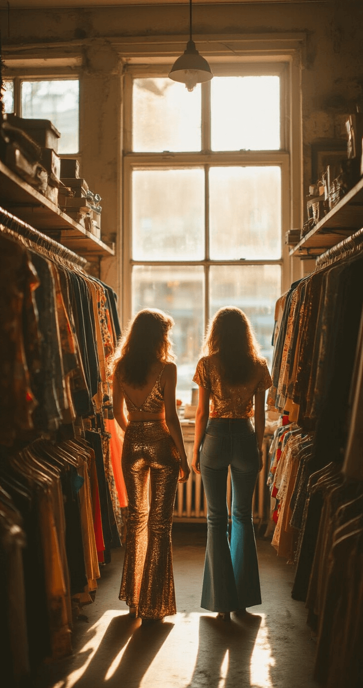 The Ultimate Guide to Duo Halloween Costumes: Creative Ideas That'll Turn Heads Two friends searching for vintage 70s disco outfits in a thrift store, surrounded by racks of clothing, with afternoon light filtering through dusty windows, highlighting sequined garments and bell bottoms in a warm, nostalgic atmosphere.