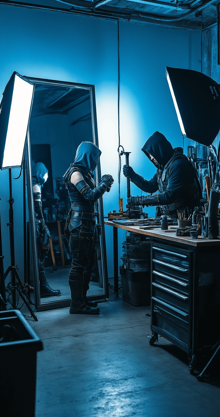 Level Up Your Cosplay Game: A Complete Guide to Dressing to Impress A cosplayer in a dramatic industrial-chic photography studio tests their costume in front of a mirror, while another adjusts props at a workbench, surrounded by organized tools and illuminated by professional lighting that casts moody shadows.