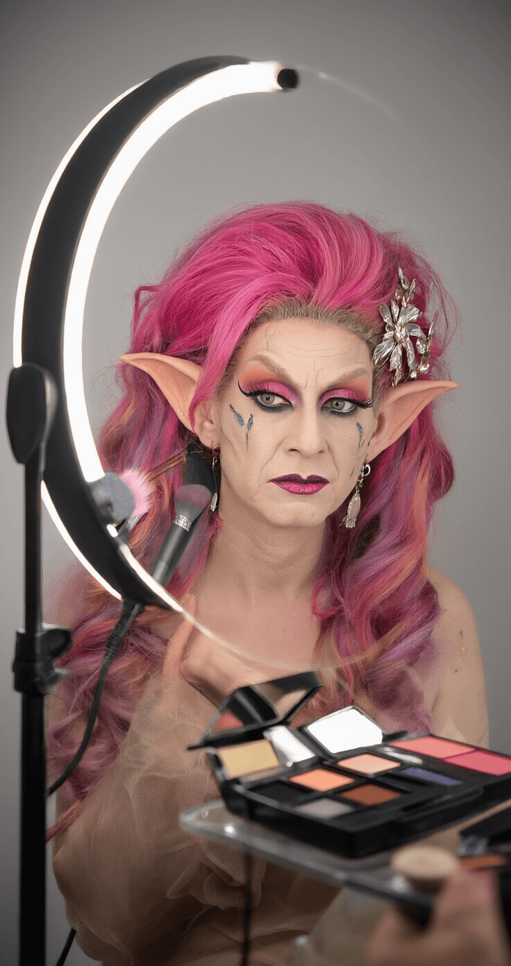 A modern makeup station with a ring light illuminating a character makeup application, showcasing dramatic fantasy eye makeup, prosthetic ears, and vibrant wig styling, captured from a front-quarter angle.
