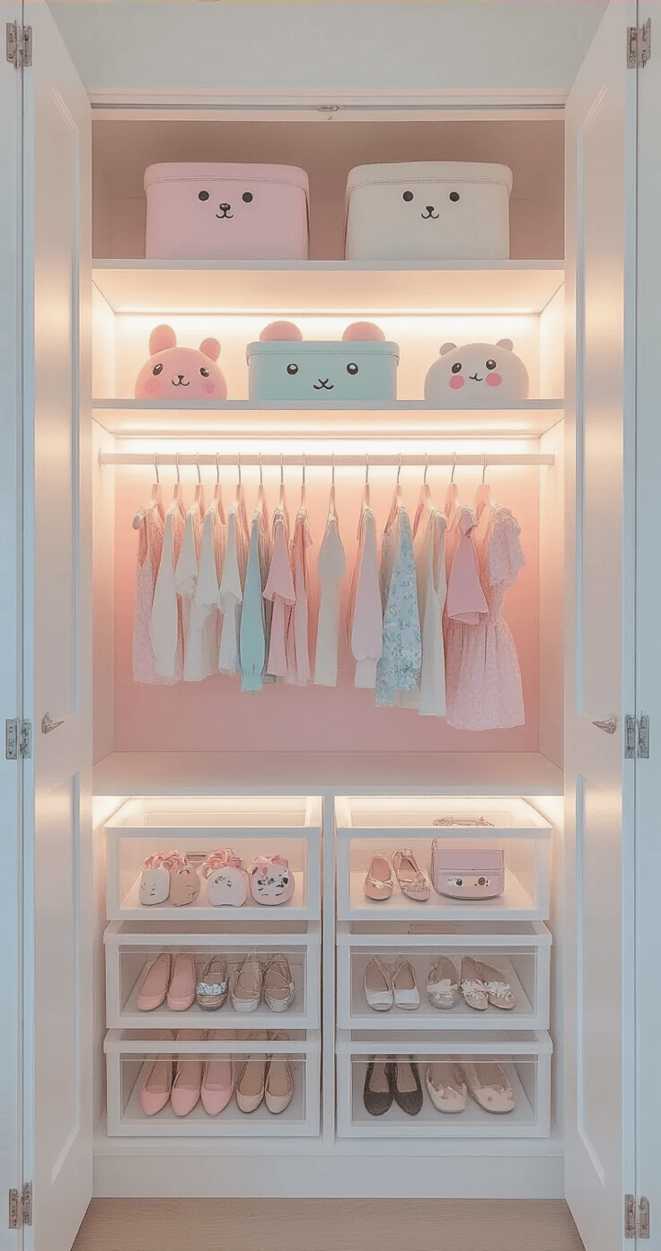 Kawaii Room Decor: Create Your Pastel Paradise of Cuteness and Comfort A well-organized closet showcasing a custom white shelving system with pastel pink backing, displaying a kawaii clothing collection. Acrylic drawer organizers with cute character handles store accessories, while LED strip lighting illuminates each shelf. The image is captured straight-on with doors fully open, highlighting the clean and satisfying aesthetic.