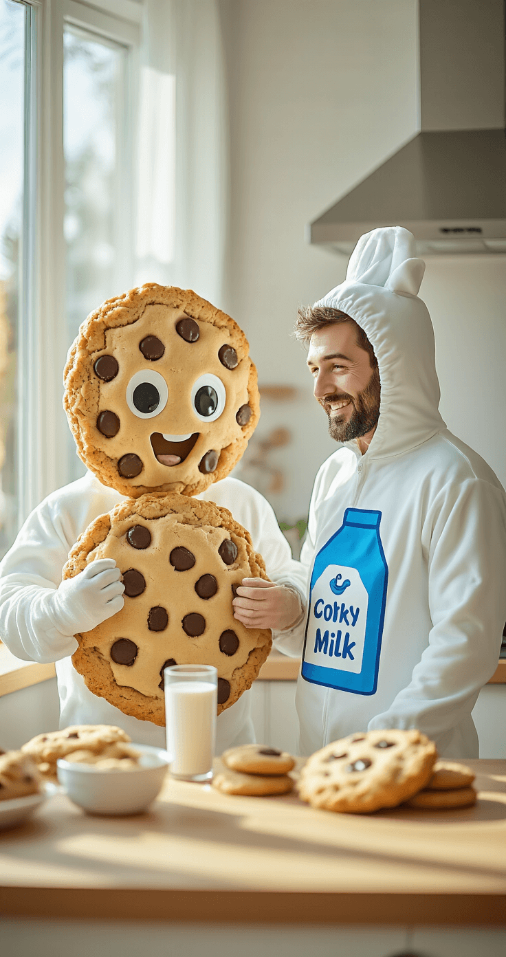 The Ultimate Guide to Duo Halloween Costumes: Creative Ideas That'll Turn Heads A bright kitchen filled with morning light features two individuals in playful poses: one dressed in a detailed cookie costume with texture and crumb details, and the other in a white outfit adorned with blue milk carton elements. They are adding final touches to their costumes at a kitchen counter, surrounded by matching props and accessories, captured in crisp detail with a food photography-inspired lighting setup.