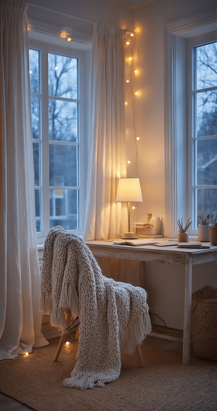 Creating Your Perfect Cozy Crafting Corner: A Designer's Ultimate Guide Cozy crafting corner during blue hour with warm lighting, featuring string lights around a window, a table lamp on a rustic desk, soft textures from a knit blanket and jute rug, and gentle daylight filtering through linen curtains.