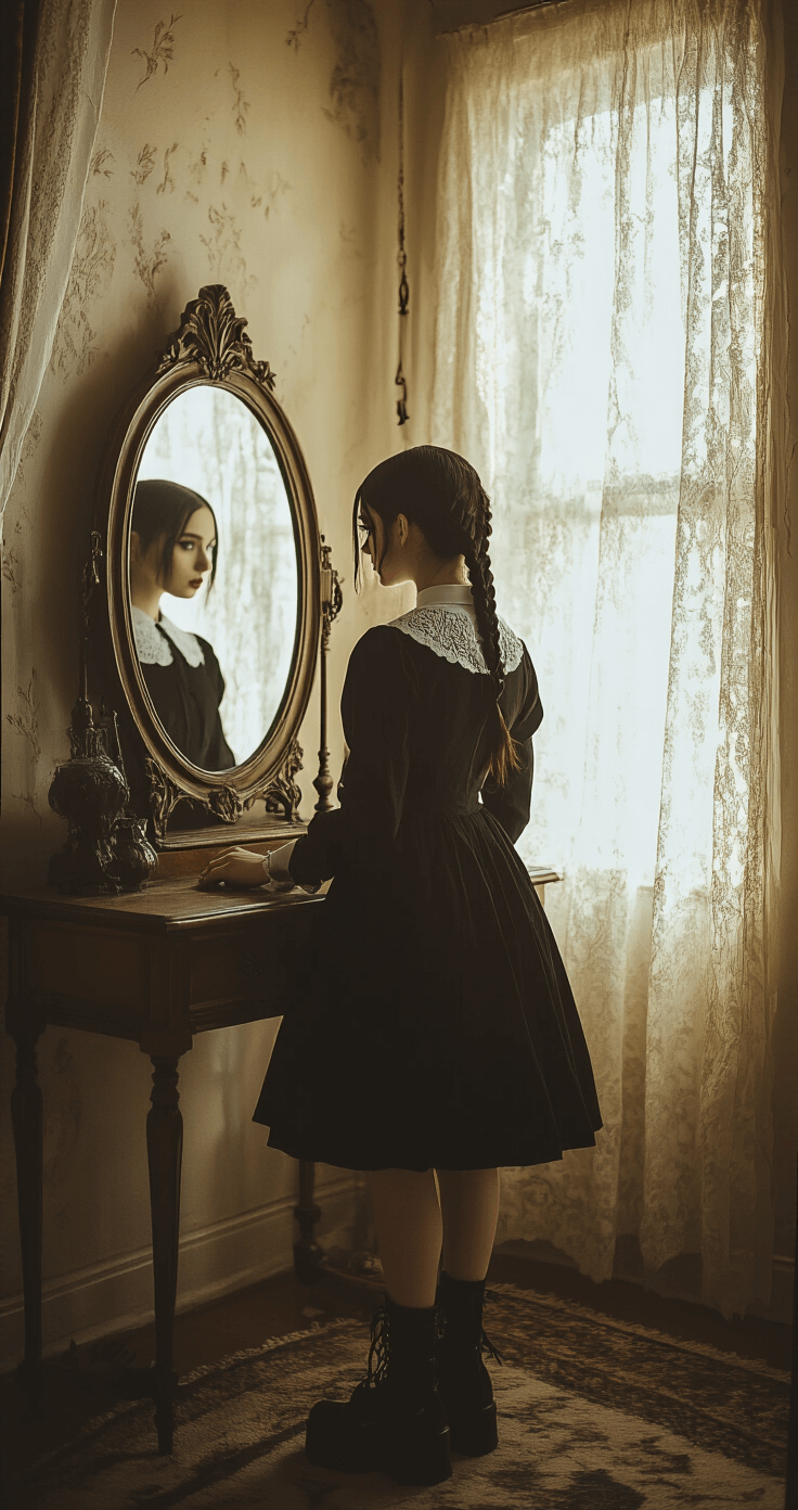 Teen Halloween Costume Ideas: Your Ultimate Style Guide for 2024 A young woman resembling Wednesday Addams styles her dark hair into braids at a vintage vanity, with golden hour sunlight filtering through lace curtains, creating a moody, gothic atmosphere.