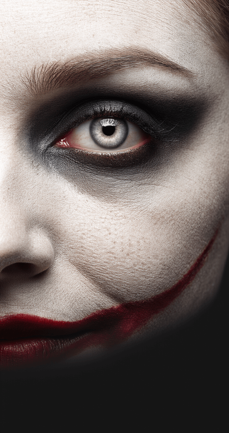 10 Essential Tips for a Perfect Jeff the Killer Cosplay Extreme close-up of a face with hollow black eyes and a carved smile texture, showcasing detailed skin textures and subtle crimson undertones. The image features multiple catch lights in the eyes, creating a haunting effect, with sharp focus on prosthetic application against a clean black background with a slight gradient.