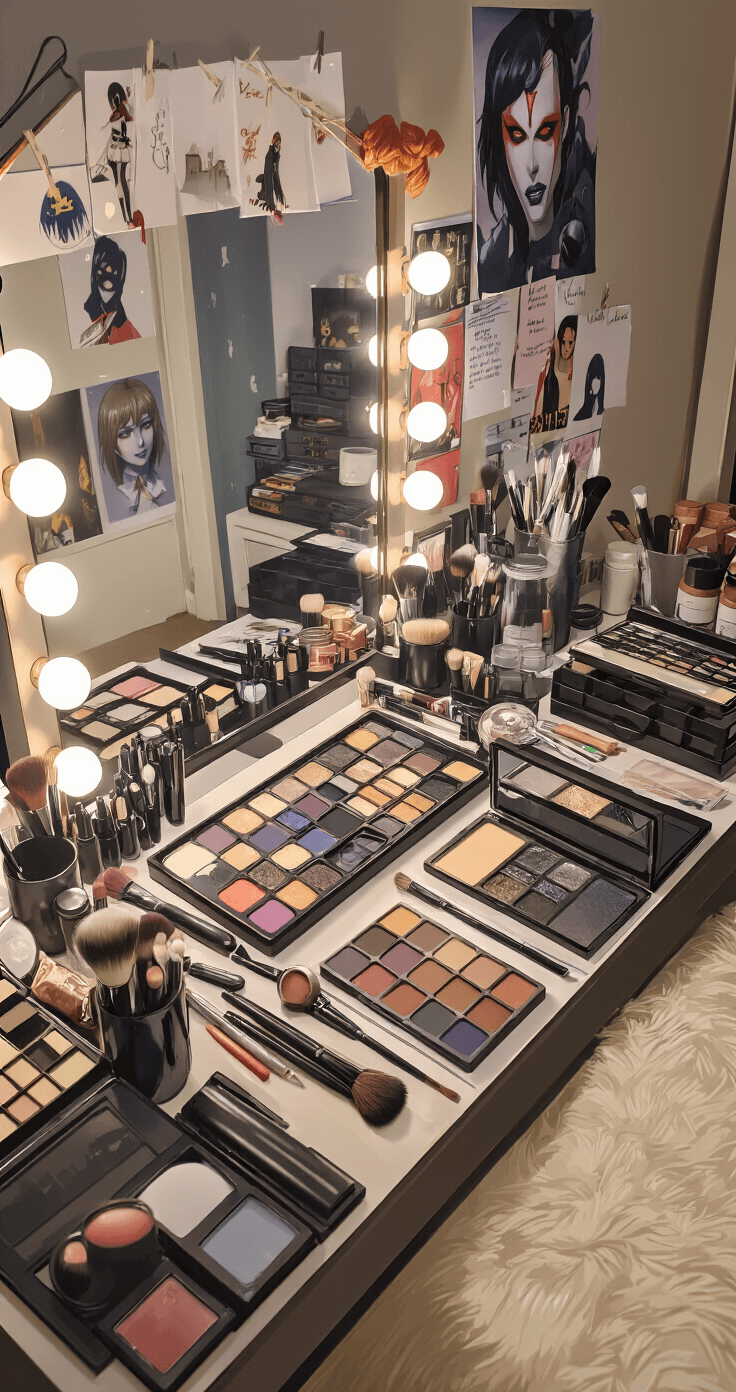 Master Male Cosplay Makeup: A Complete for All Skill Levels A well-organized male cosplay makeup station featuring various sections for face prep, contouring, eyes, and finishing touches, illuminated by afternoon light, with character inspiration photos on a mood board and high-end brushes and palettes arranged by usage order, captured from a three-quarter angle.