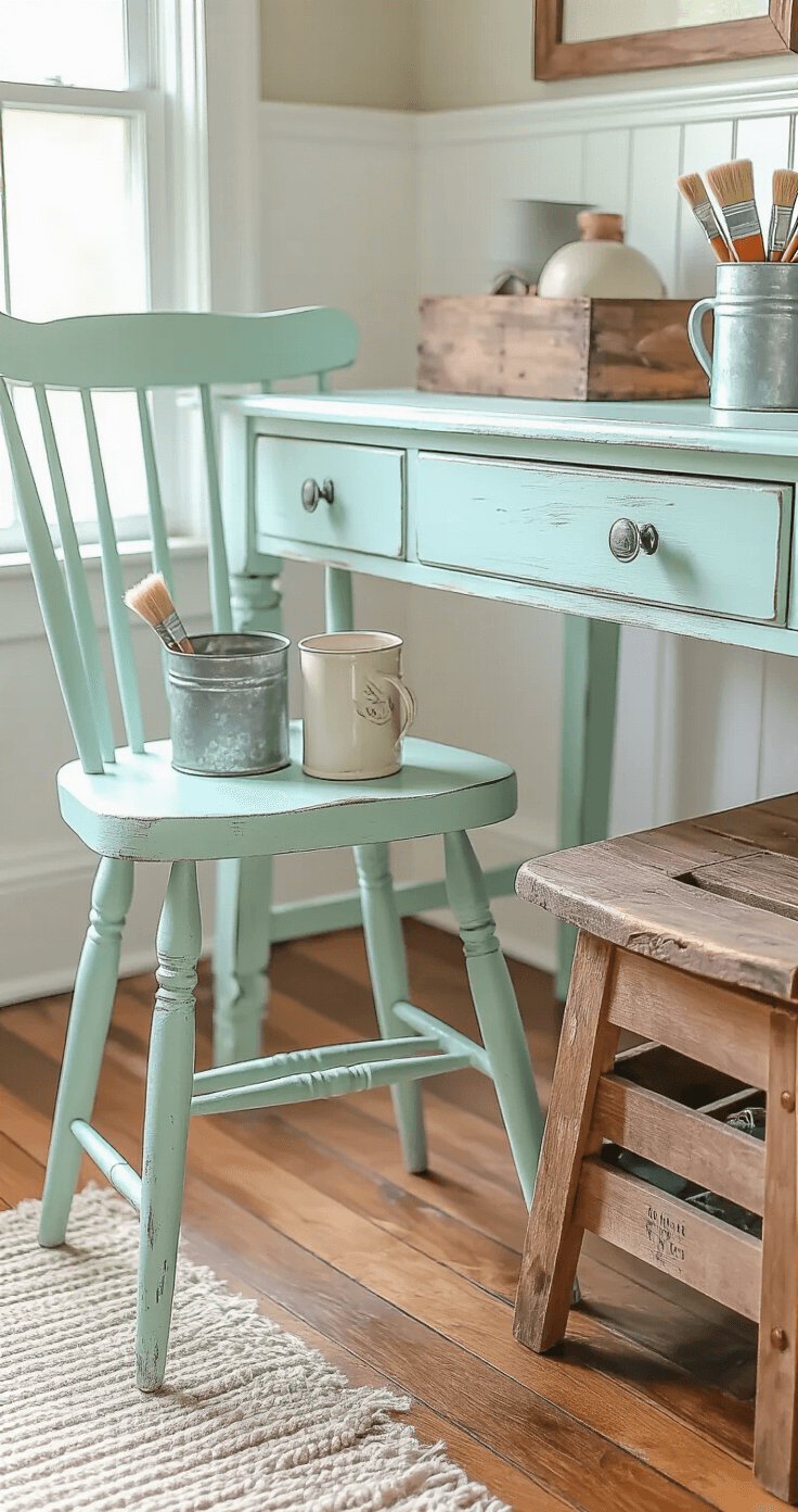 Creating Your Perfect Cozy Crafting Corner: A Designer's Ultimate Guide Detail shot of budget-friendly upcycled furniture featuring a mint green vintage desk chair, a refinished wooden stool with a galvanized container for craft supplies, and a vintage ceramic mug repurposed for paintbrushes, set against worn hardwood floors and white beadboard wainscoting, illuminated by natural afternoon light.