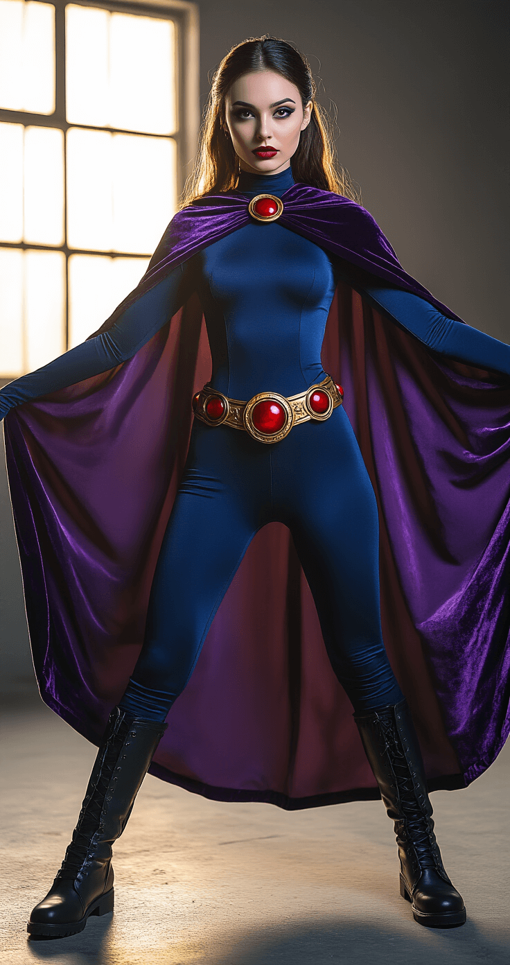A female cosplayer in a dark blue bodysuit and purple velvet cloak poses dramatically in a dimly lit studio, with golden hour light highlighting her attire and shadows creating a mystical atmosphere.