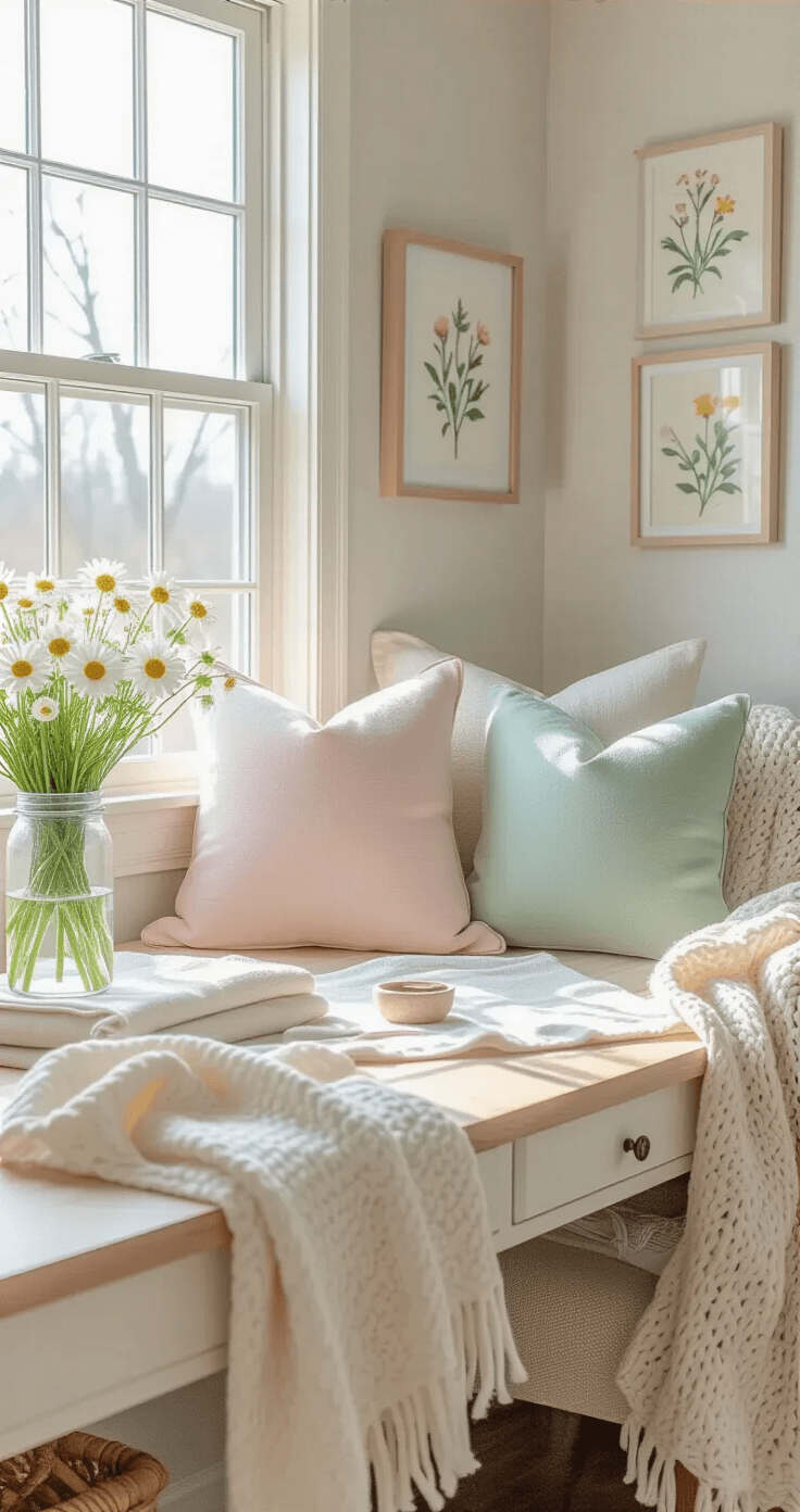 Creating Your Perfect Cozy Crafting Corner: A Designer's Ultimate Guide A crafting corner refreshed for spring, featuring pastel throw pillows, fresh daisies in a mason jar, cotton fabric samples, a textured cream throw blanket, and updated botanical wall art, all illuminated by soft morning light.