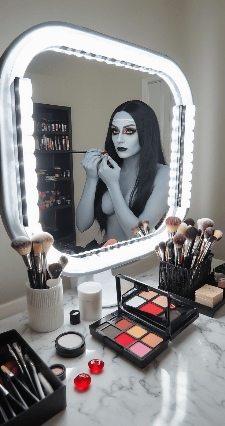 A cosplayer applying Raven's grey body makeup at a bright, modern makeup station, featuring a professional ring light and large illuminated mirror, with organized makeup supplies on a white marble counter, captured from an over-the-shoulder angle.