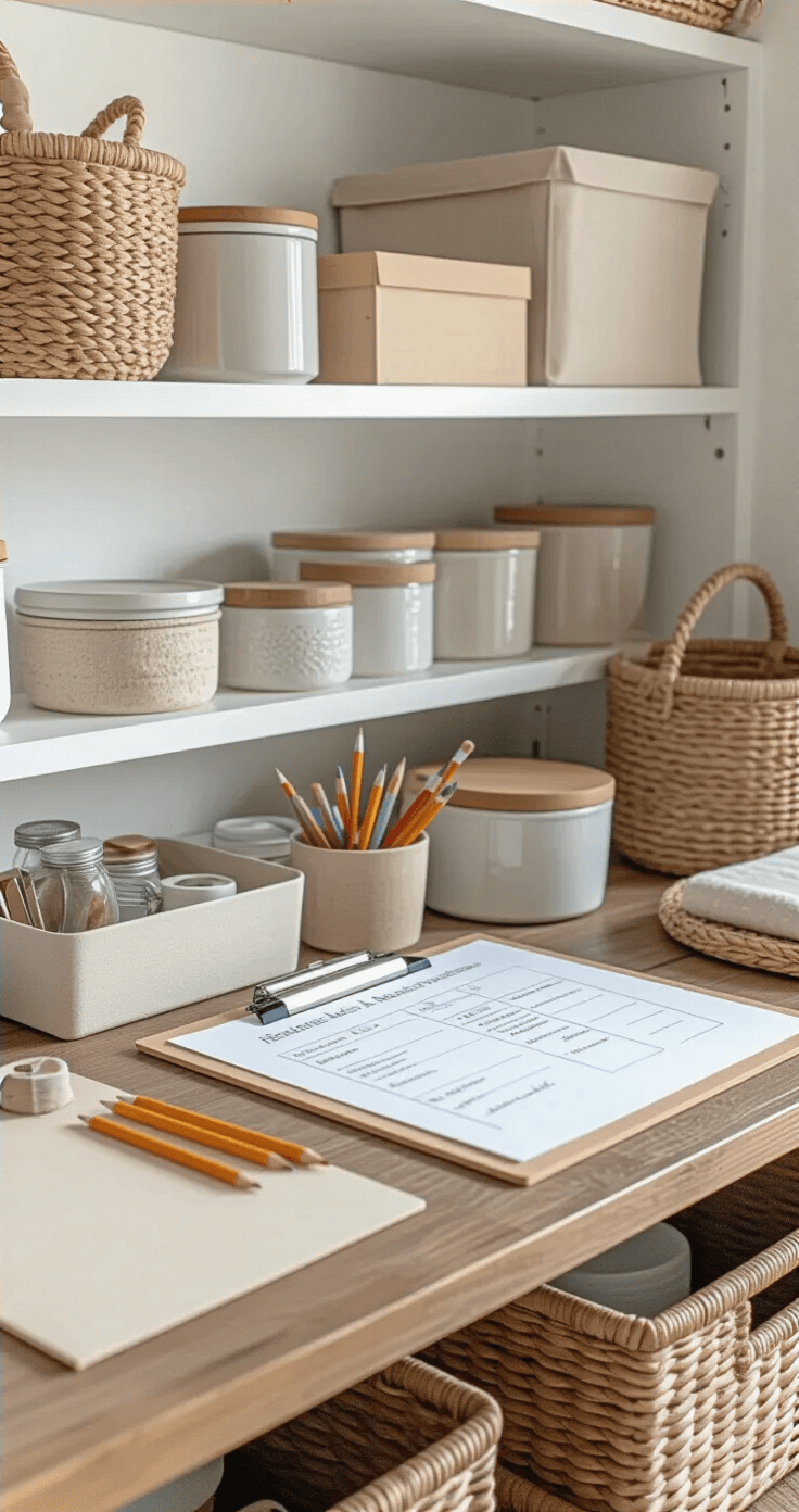 Creating Your Perfect Cozy Crafting Corner: A Designer's Ultimate Guide Documentary-style image of a bright crafting corner in mid-organization, showing labeled containers and seasonal items stored in attractive boxes. A clipboard with a project list is visible alongside scattered pencils, with partially filled storage solutions and a variety of textures from ceramic, woven baskets, soft fabric, and a wooden desk. The scene conveys a purposeful and satisfying mood.