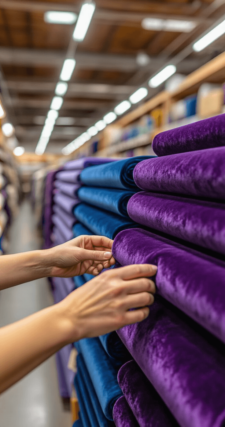 Close-up of hands comparing luxurious purple velvet fabric bolts in a fabric store, with warm lighting highlighting the texture and sheen, while the background is softly blurred to emphasize the material details.
