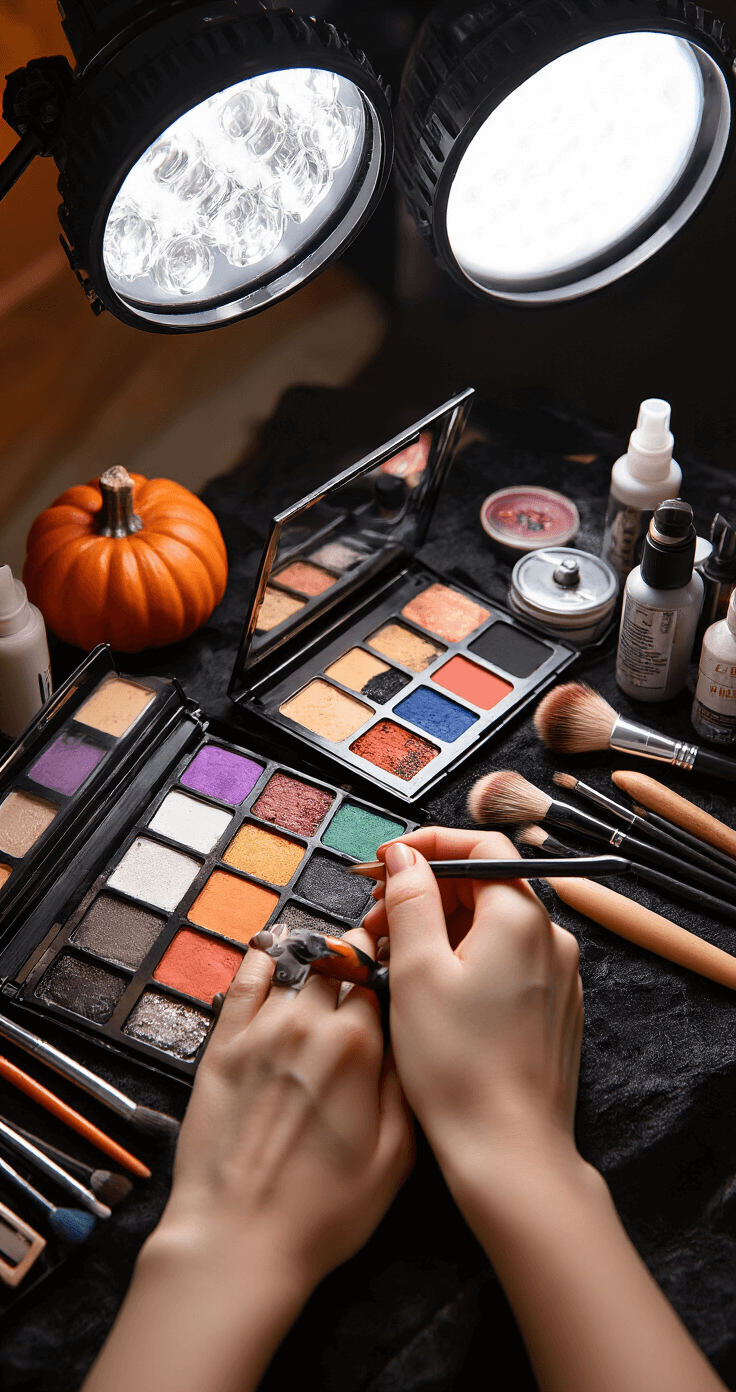 Teen Halloween Costume Ideas: Your Ultimate Style Guide for 2024 Close-up of hands applying intricate Halloween makeup at a vanity, with professional lighting highlighting various brushes, setting sprays, and face paints arranged artfully; captured in macro to show detailed textures.