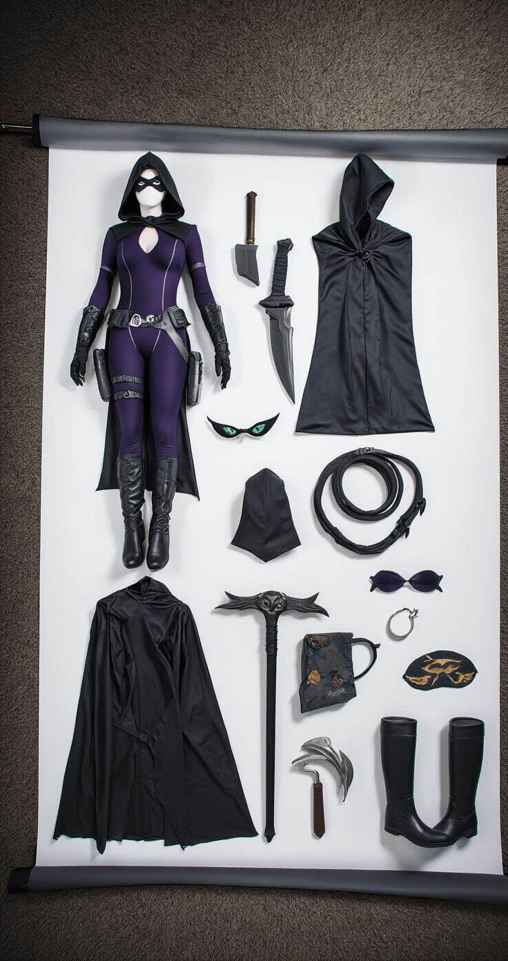 A bright and organized cosplay workspace featuring a complete Raven costume laid flat on a white backdrop, showcasing a bodysuit, cloak, belt, boots, and intricate accessories under natural overhead lighting, emphasizing true colors and textures with a commercial photography style.