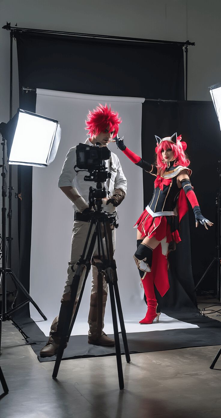 Behind-the-scenes photo of a cosplay photography session in a modern studio, featuring a dark backdrop and atmospheric lighting, highlighting interactions between the photographer and cosplayer with dramatic shadows and highlights on the costume, captured from a wide angle to show the technical setup and creative process.