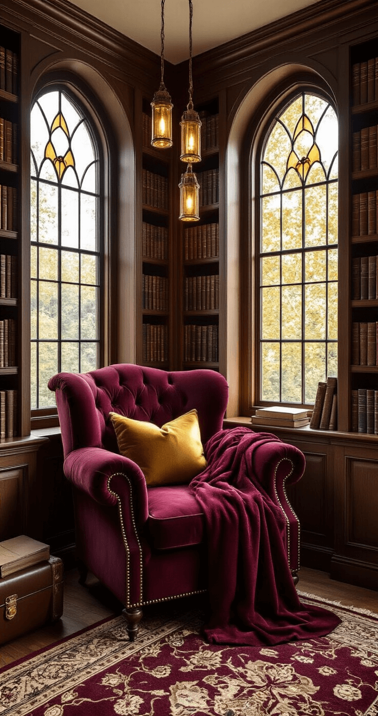 Creating Your Dream Fandom Reading Nook: A Magical Escape for Book Lovers Photorealistic cozy Harry Potter-themed reading nook in a bay window, featuring a burgundy velvet armchair with brass accents, mahogany bookshelves filled with leather-bound books, a Gryffindor throw blanket, and ambient candle-style lighting, all bathed in warm mid-afternoon sunlight.