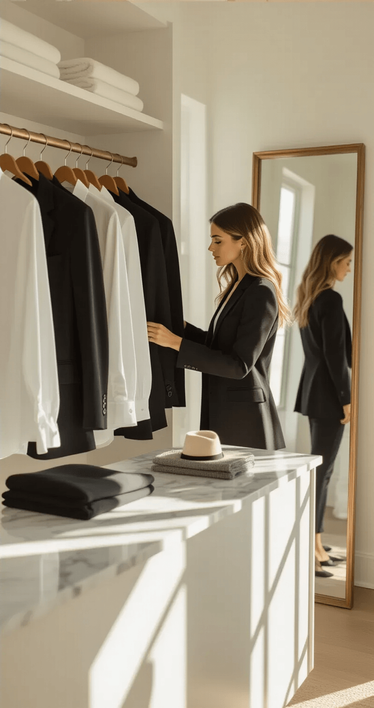 10 Game-Changing Fashion Tips Every Woman Should Know in 2024 A sunlit minimalist walk-in closet featuring a fashion influencer organizing a capsule wardrobe with essentials like white shirts, black blazers, and denim, showcasing natural wooden hangers, a vintage mirror, and curated accessories on a marble island.