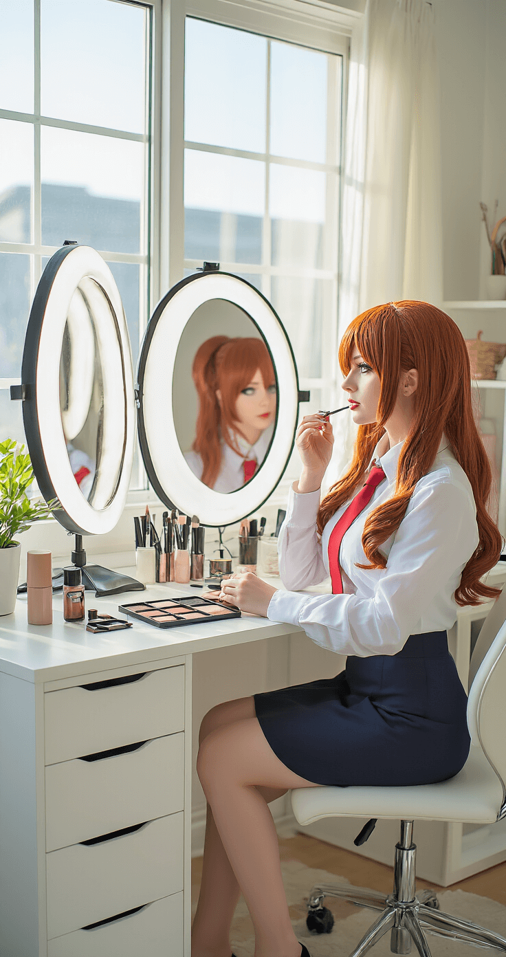 2025's Hottest Women's Cosplay Ideas: From Anime to Marvel A cozy home studio with soft afternoon light illuminates a cosplayer at a minimalist white vanity, applying final touches to her Makima cosplay. A neatly pressed office lady costume hangs nearby, featuring a crisp white shirt, dark pencil skirt, and red tie. Professional LED ring lights brighten the space as she styles an auburn wig, surrounded by artfully arranged makeup products and colored contact lenses. The scene is captured from a 45-degree angle, showcasing the transformation process and an intimate getting-ready atmosphere.
