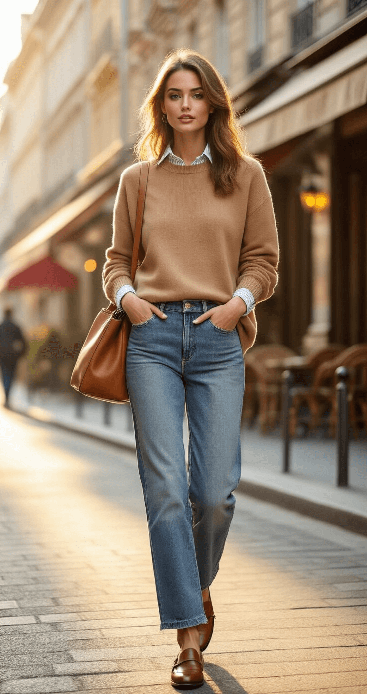 10 Game-Changing Fashion Tips Every Woman Should Know in 2024 A stylish woman walks through a chic urban street during golden hour, wearing a camel cashmere sweater over a striped button-down, raw hem straight-leg jeans, and leather loafers. She carries a structured leather tote that reflects the warm sunset light against a backdrop of European-style architecture and cafe awnings, captured from a low angle to highlight her silhouette.