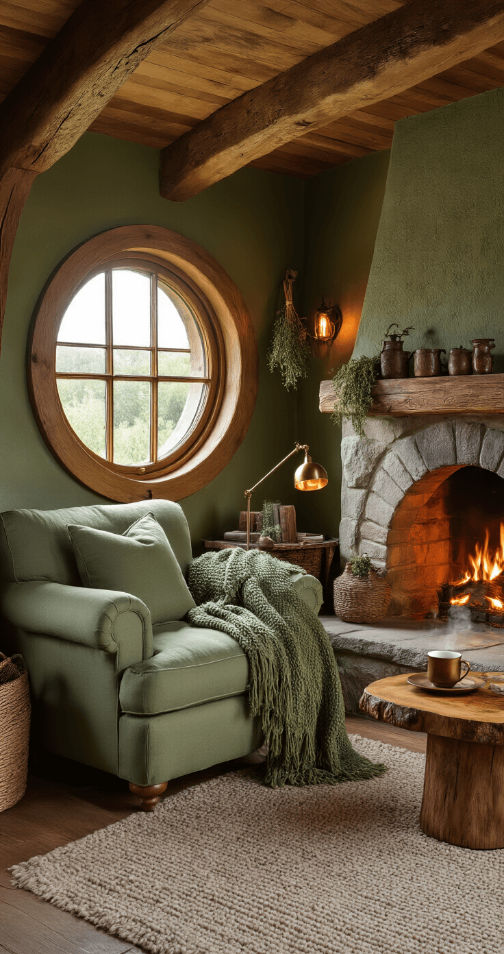 Creating Your Dream Fandom Reading Nook: A Magical Escape for Book Lovers A cozy Hobbit-hole inspired reading corner in a rustic living room, featuring a sage green armchair, stone fireplace, and round porthole windows, adorned with earthy tones, wool throws, and copper accents, all illuminated by soft morning light.