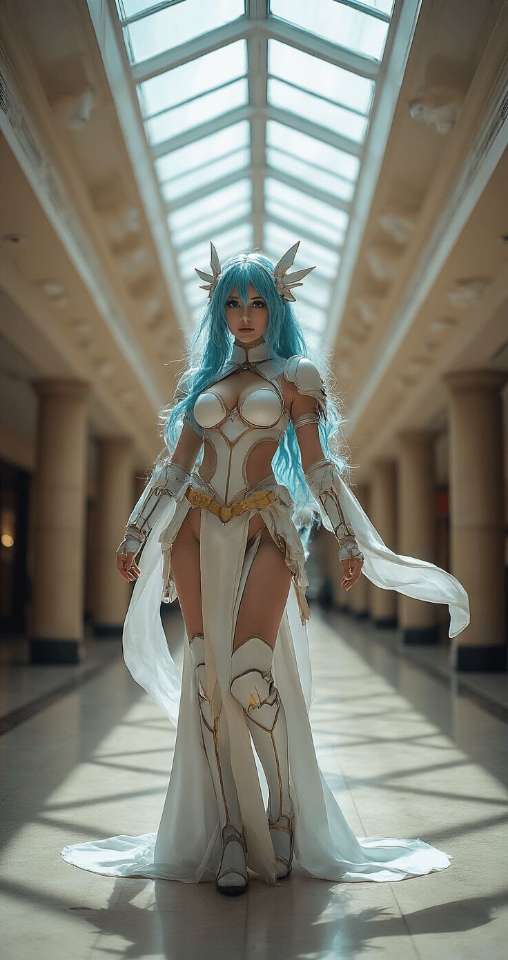 A dynamic cosplay portrait set in a convention center hallway with high ceilings, illuminated by natural light from skylights. The character strikes a heroic pose, showcasing flowing fabric and glowing LED details, framed by architectural elements.
