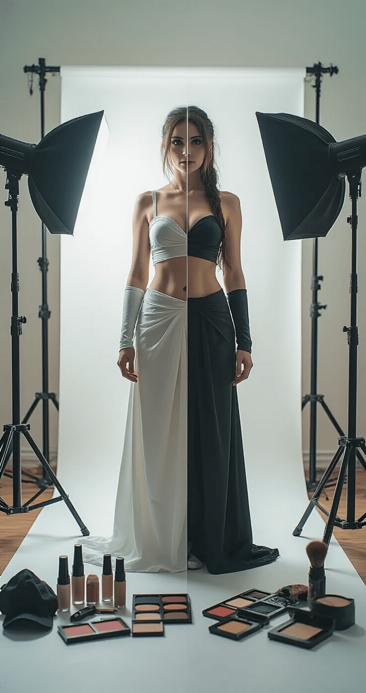 Level Up Your Cosplay Game: A Complete Guide to Dressing to Impress A minimalist white photo studio illuminated by morning light showcases a side-by-side before/after cosplay transformation, with professional lighting and artistic arrangements of makeup products and costume elements in the foreground, and blurred behind-the-scenes equipment.