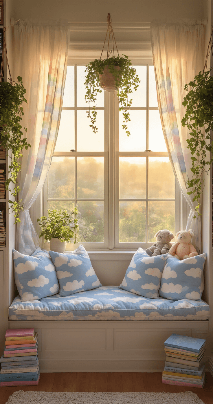 Kawaii Room Decor: Create Your Pastel Paradise of Cuteness and Comfort A cozy bay window reading nook at dawn, featuring cloud-print cushions, sheer rainbow curtains, hanging planters with trailing vines, and stacks of pastel books and plushies, all bathed in golden morning light for a serene atmosphere.