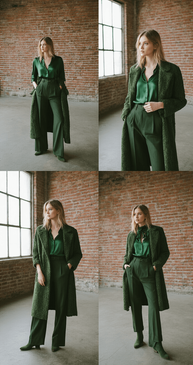 A model in an industrial loft space is styling a monochrome outfit in varying shades of forest green, featuring a silk blouse, high-waisted wool pants, suede boots, and a textured overcoat. The scene showcases exposed brick walls, with the model captured from multiple angles demonstrating pattern mixing and proportion play. Soft northern light filters through factory windows, enhanced by continuous LED lighting, as behind-the-scenes styling moments are highlighted in both wide and detail shots.
