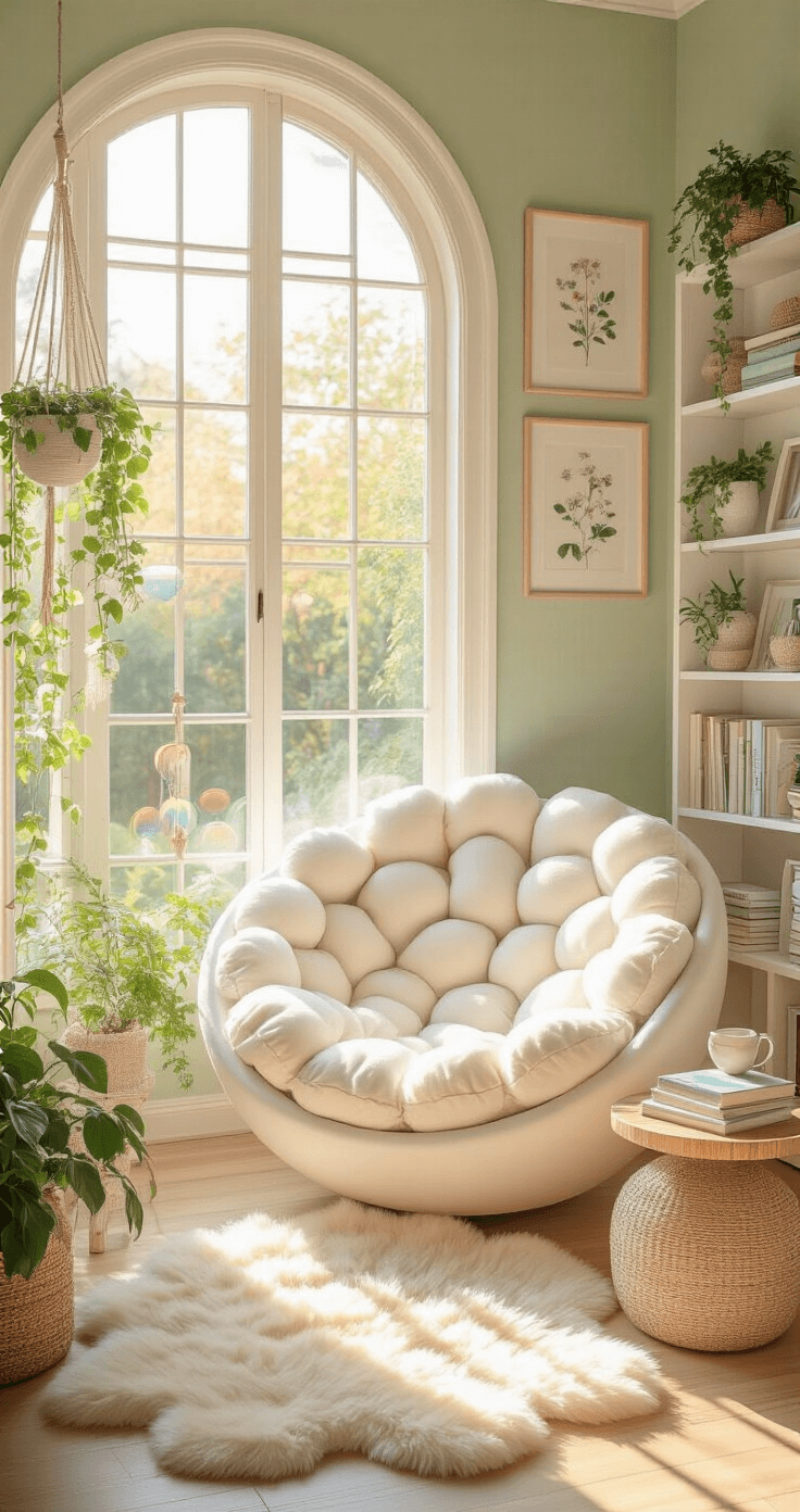 Creating Your Dream Fandom Reading Nook: A Magical Escape for Book Lovers A dreamy reading sanctuary influenced by Studio Ghibli, featuring a curved white chair with cloud-like cushions, large windows with garden views, pastel colors, floating botanical prints, macramé plant hangers, a sheepskin rug, crystal sun catchers creating rainbow prisms, and a bamboo side table with watercolor books and a ceramic tea set, all illuminated by golden hour light.