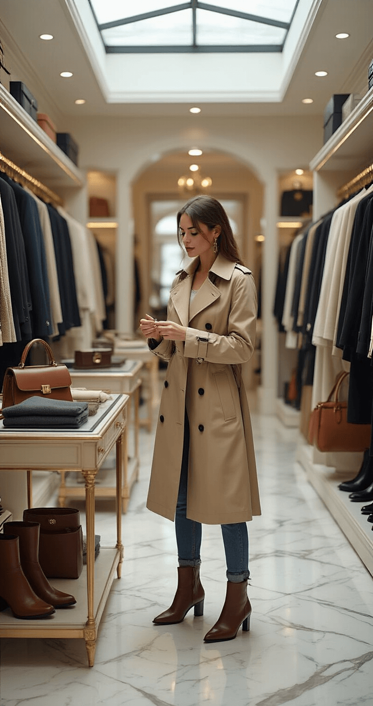10 Game-Changing Fashion Tips Every Woman Should Know in 2024 A luxury boutique interior featuring a stylist examining the fabric of a trench coat amidst racks of curated investment pieces, including Italian leather boots and designer handbags, with marble floors reflecting light from a skylight above.