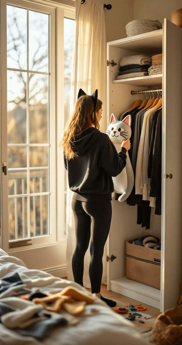 A young woman in a fitted black hoodie and leggings styles a DIY cat costume with handmade felt ears in a bright, airy bedroom illuminated by golden hour sunlight through large windows. An organized closet in neutral tones is visible, along with a crafting station featuring felt scraps, a glue gun, and scissors. The image captures a creative and natural lifestyle moment from a three-quarter angle.