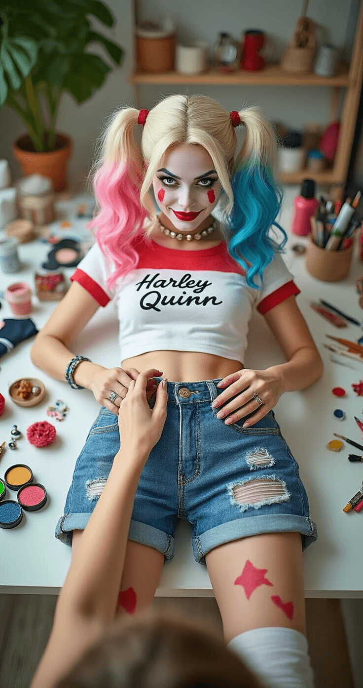2025's Hottest Women's Cosplay Ideas: From Anime to Marvel A close-up view of hands assembling a DIY Harley Quinn costume on a bright, tidy craft table. The scene showcases fabric paint on denim shorts, temporary pink and blue hair chalk, and thrifted costume pieces, all illuminated by afternoon light and arranged to draw attention to the costume's key features.