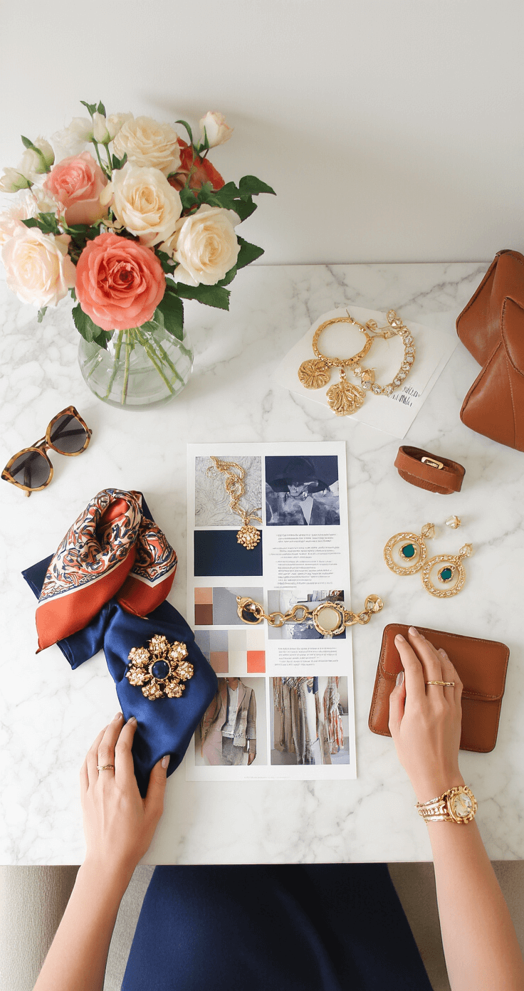 10 Game-Changing Fashion Tips Every Woman Should Know in 2024 A modern home office scene with soft afternoon light, featuring a white marble desk arranged with silk scarves in jewel tones, gold jewelry, and leather accessories, alongside a mood board showcasing color theory, captured from above in a still life style.