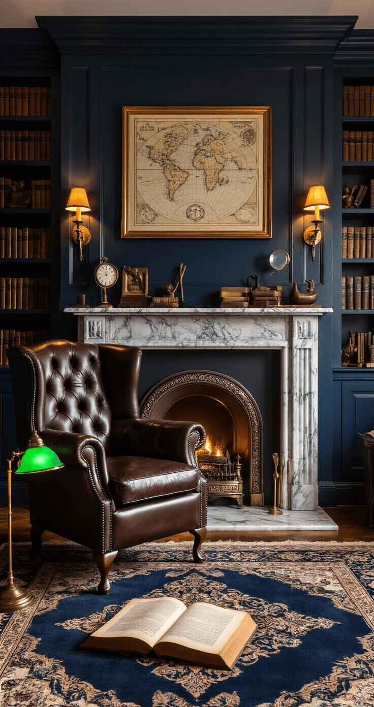 Creating Your Dream Fandom Reading Nook: A Magical Escape for Book Lovers Moody Victorian study with dark chocolate leather Chesterfield chair, marble fireplace, and amber gaslight sconces illuminating floor-to-ceiling mahogany bookshelves, vintage maps, and antique decor, anchored by a Persian rug, with heavy midnight blue velvet drapes framing tall windows.