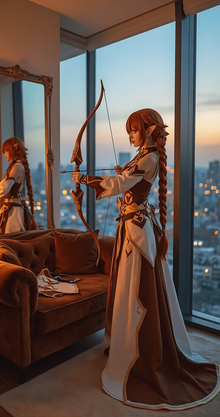 2025's Hottest Women's Cosplay Ideas: From Anime to Marvel A cosplayer dressed as Genshin Impact's Amber adjusts her bow in a modern apartment living room at dusk, with city lights illuminating the scene through large windows. Her rich brown wig is styled in character-accurate braids, and detailed costume pieces are arranged on a nearby velvet couch. The warm ambient lighting enhances the earthy tones of her outfit, creating an urban fantasy atmosphere.