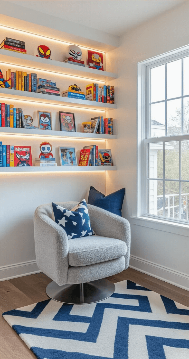 Creating Your Dream Fandom Reading Nook: A Magical Escape for Book Lovers Bright contemporary reading nook featuring a modern swivel gray bouclé chair, colorful book collections and collectibles on white floating shelves with LED strip lighting, geometric navy and white area rug, throw pillows in fandom colors, acrylic bookends, framed poster art on a gallery wall, and natural light from a large picture window.
