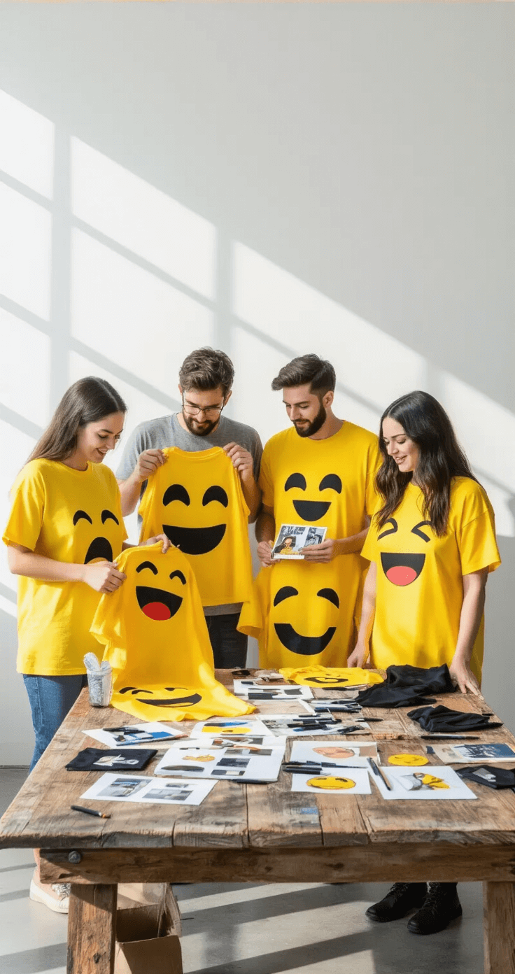 A modern studio space with white walls and concrete floors, featuring four friends in bright yellow oversized t-shirts working on emoji costumes. Art supplies like black fabric markers and reference photos are spread across a rustic wooden table, while side lighting casts dynamic shadows on their collaborative creative process.