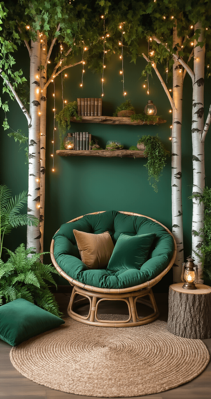 Creating Your Dream Fandom Reading Nook: A Magical Escape for Book Lovers An enchanted forest-themed reading corner featuring a papasan chair with emerald cushions, surrounded by artificial birch trees, hanging fairy lights, and warm ambient lighting. Moss green walls and reclaimed wood shelves display fantasy novels and terrariums, while a jute rug and velvet pillows enhance the cozy atmosphere. A tree stump side table with a vintage brass lantern completes the magical woodland scene.