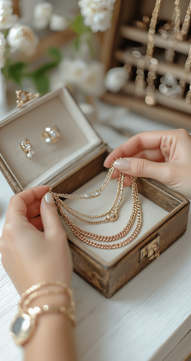 10 Game-Changing Fashion Tips Every Woman Should Know in 2024 Close-up of hands arranging delicate layered necklaces in a bright studio, featuring diffused natural light and a vintage jewelry box filled with statement pieces in the background.