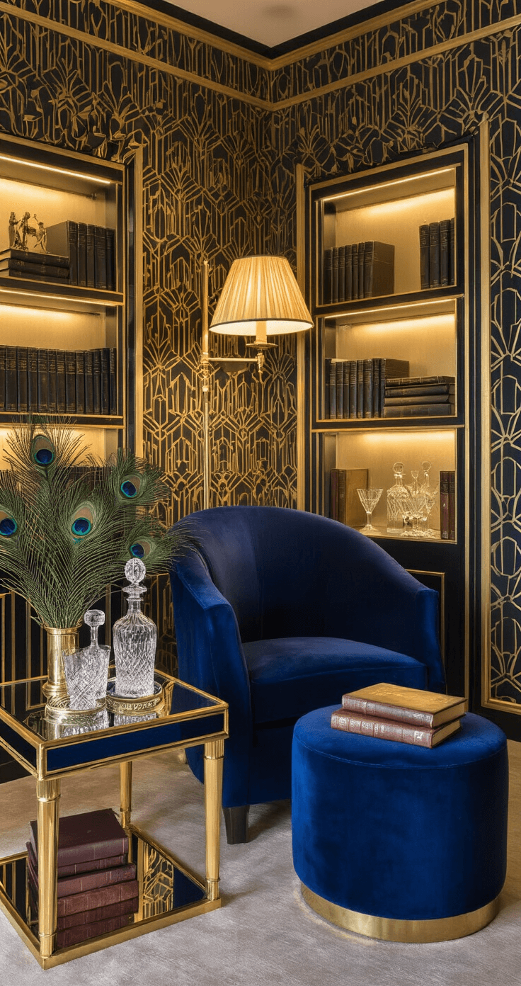 Creating Your Dream Fandom Reading Nook: A Magical Escape for Book Lovers Luxurious Art Deco-inspired reading alcove featuring a sapphire blue velvet armchair, geometric gold and black wallpaper, brass floor lamp, illuminated bookcases, and a round ottoman with leather-bound books, all accentuated by peacock feathers and rich textures in sophisticated evening lighting.
