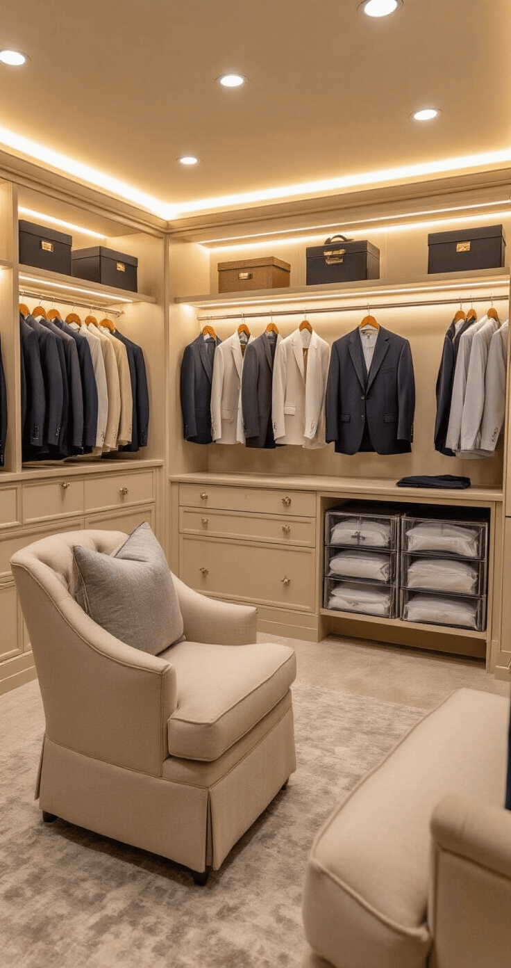 10 Game-Changing Fashion Tips Every Woman Should Know in 2024 Luxury dressing room featuring warm lighting and plush seating, with a wardrobe consultant demonstrating garment care using wooden hangers and breathable garment bags, while a tailor takes precise measurements for alterations.