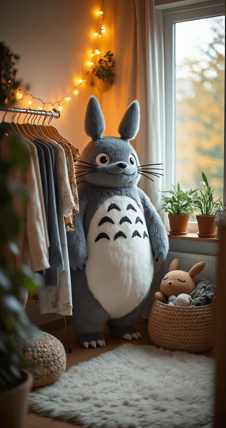 2025's Hottest Women's Cosplay Ideas: From Anime to Marvel A cozy bedroom corner illuminated by warm string lights, featuring a cosplayer organizing her Totoro-inspired costume on a clothing rack. Plush gray fabric and oversized ears are neatly arranged alongside cute accessories, with a fuzzy rug and potted plants enhancing the inviting atmosphere. The scene is bathed in natural and warm artificial light, captured at eye level with soft bokeh in the background.